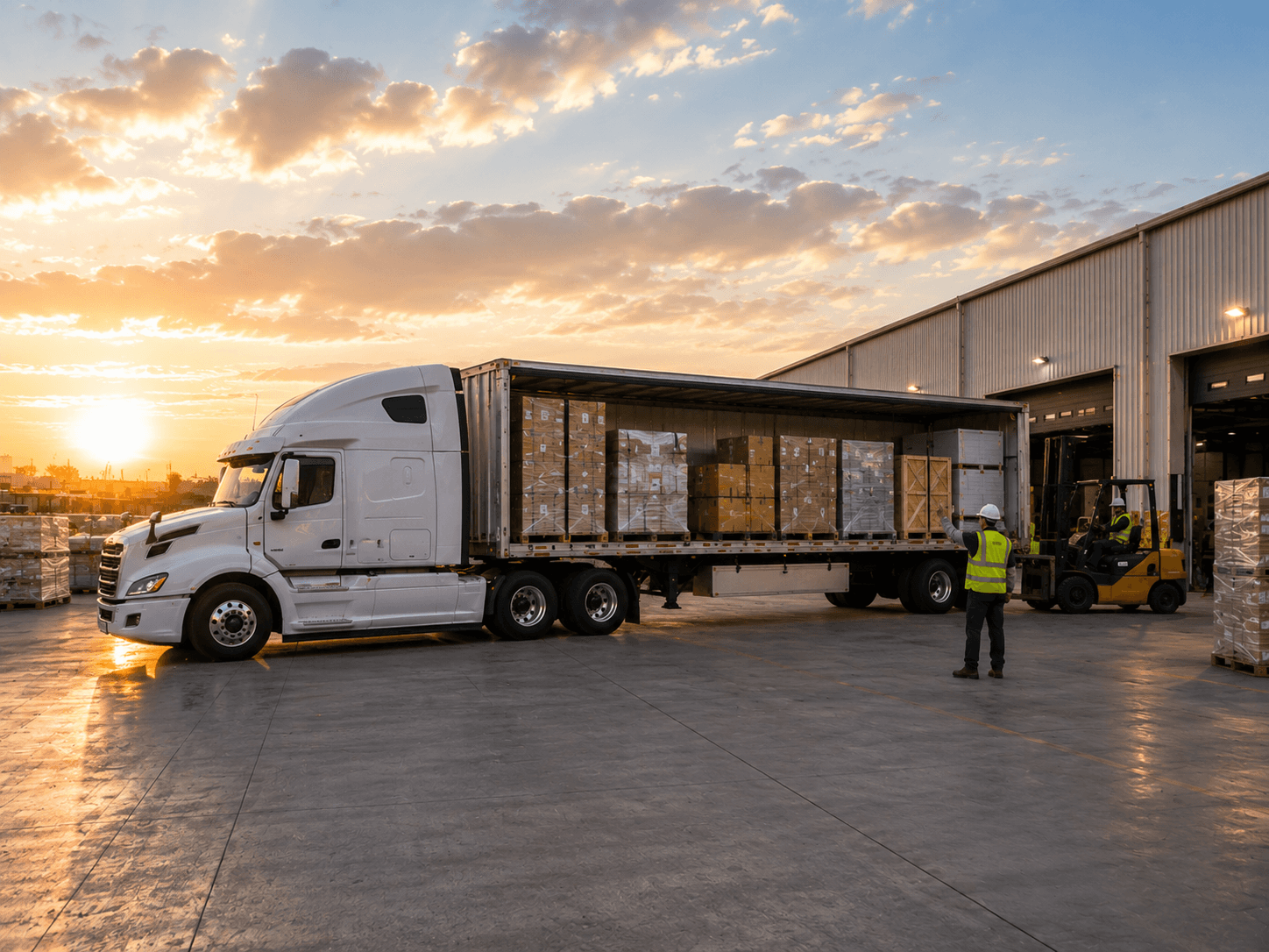 White semi truck parked at a warehouse while workers and a forklift load boxed freight into an open trailer during sunset.