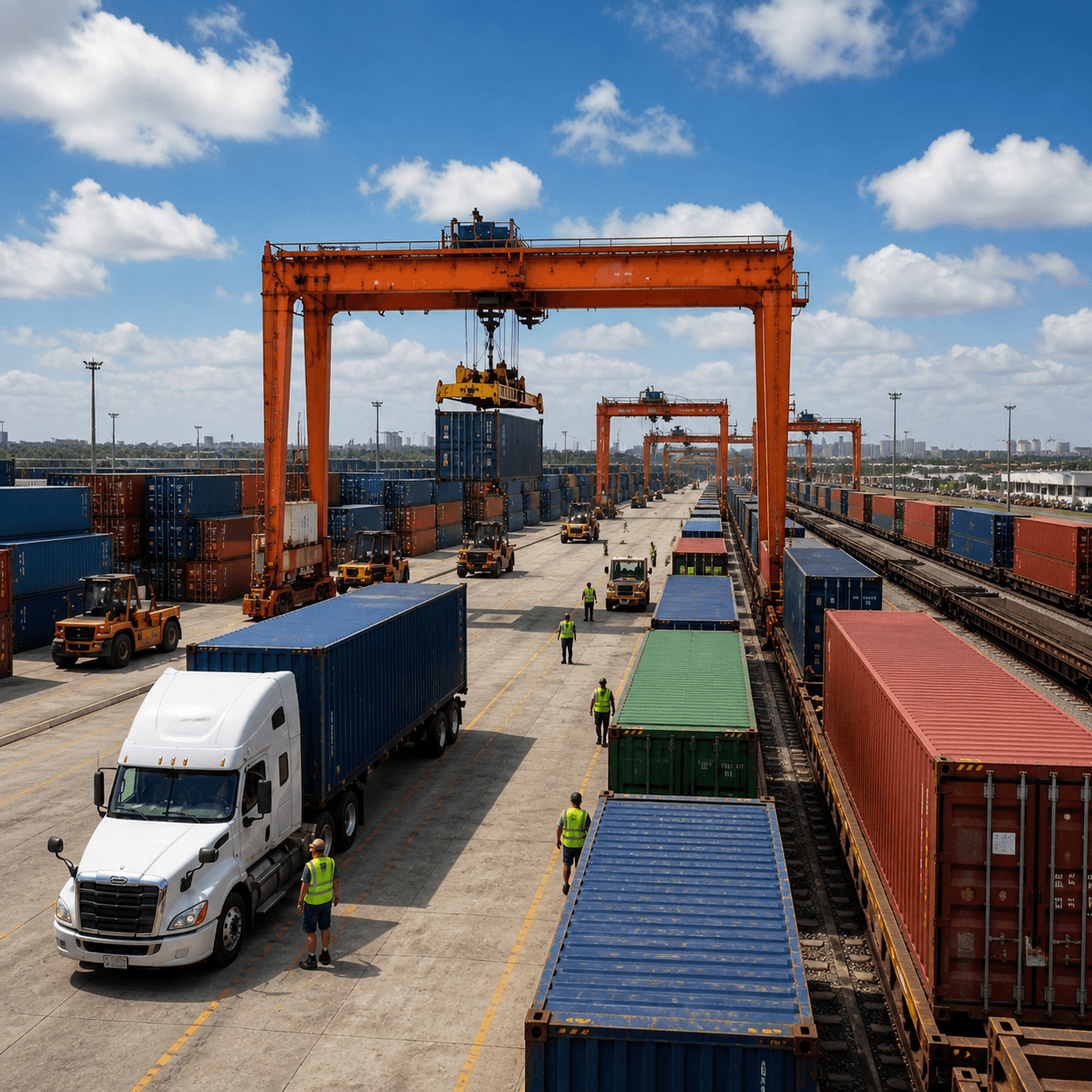 Semi truck and rail containers move through a busy shipping yard while cranes load cargo containers across the terminal.