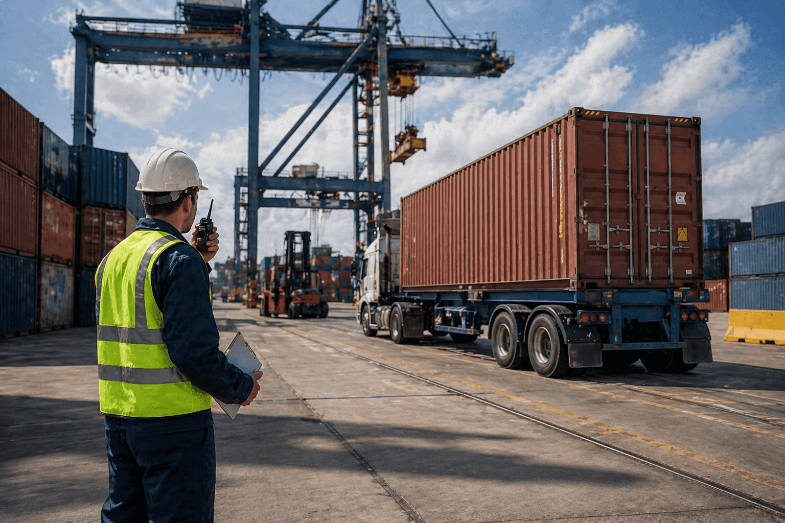 Container truck moving a shipping container from a port, representing drayage services
