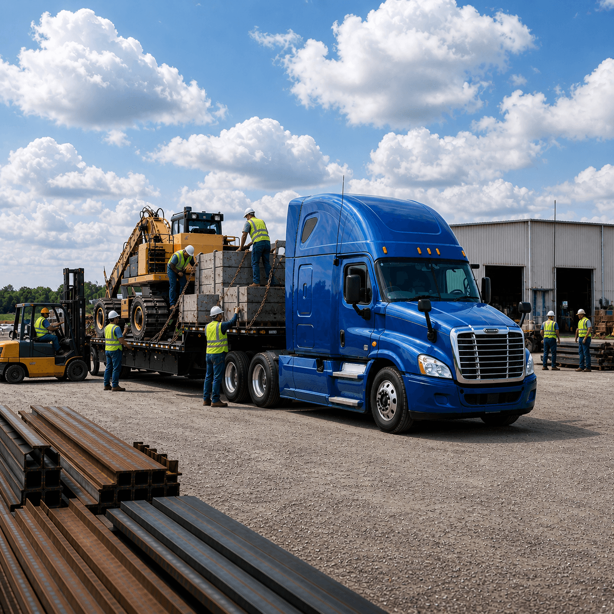 Blue semi truck parked at a job site while workers secure heavy equipment and stacked materials onto a flatbed trailer under a bright cloudy sky.