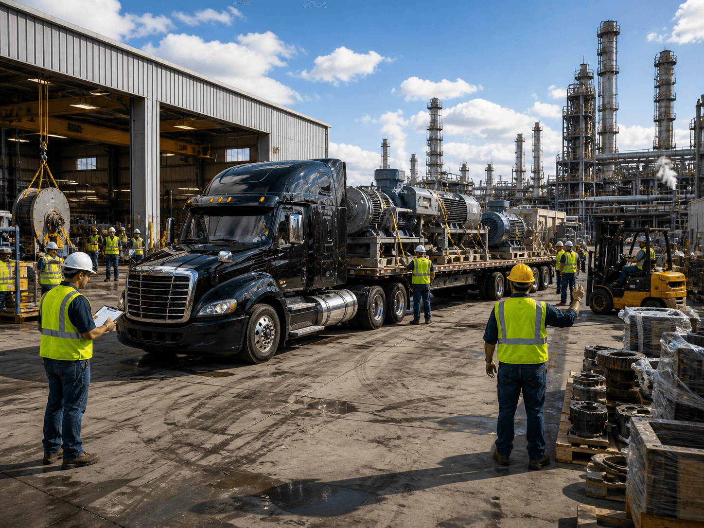 Black flatbed semi truck transporting heavy industrial equipment at a refinery site with workers and forklifts handling cargo nearby.