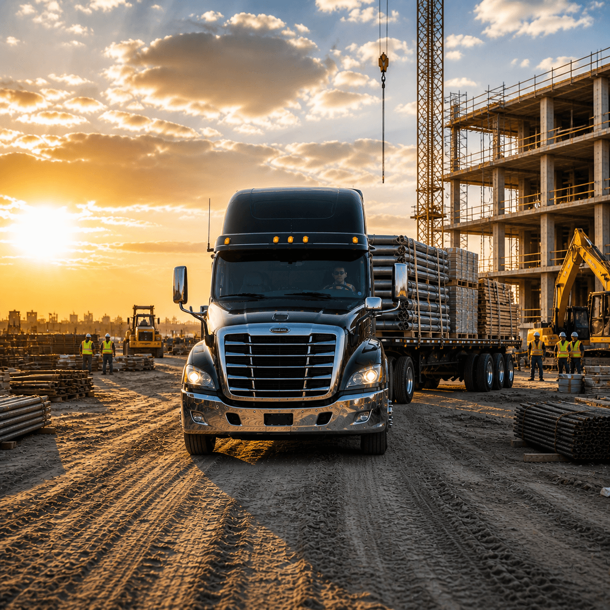 Black flatbed truck loaded with construction materials at an active job site during sunset with cranes, workers, and heavy equipment in the background.Select 77 more words to run Humanizer.