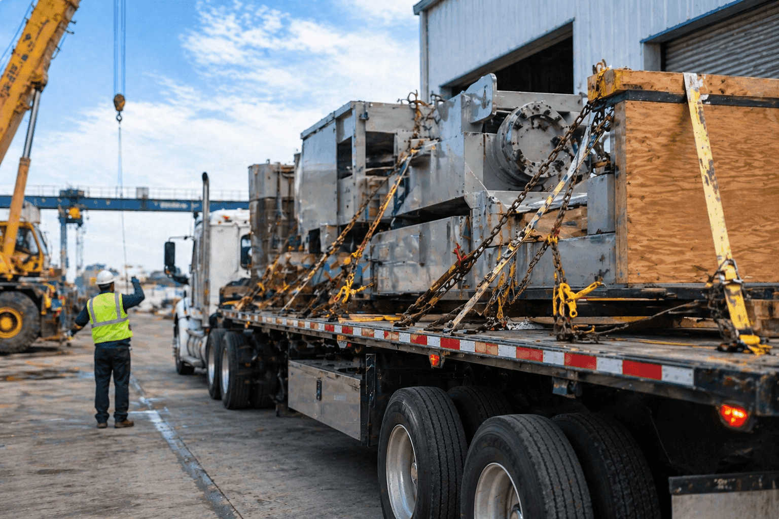 Flatbed trailer hauling oversized equipment secured with straps, representing flatbed and specialized transport