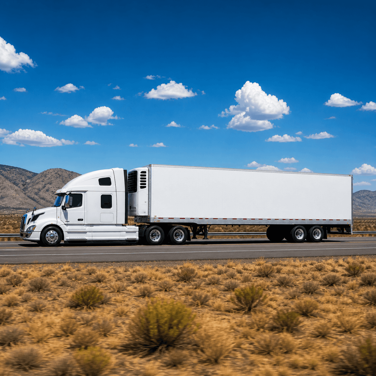 White reefer semi truck driving on a highway through a desert landscape with mountains and blue skies in the background.