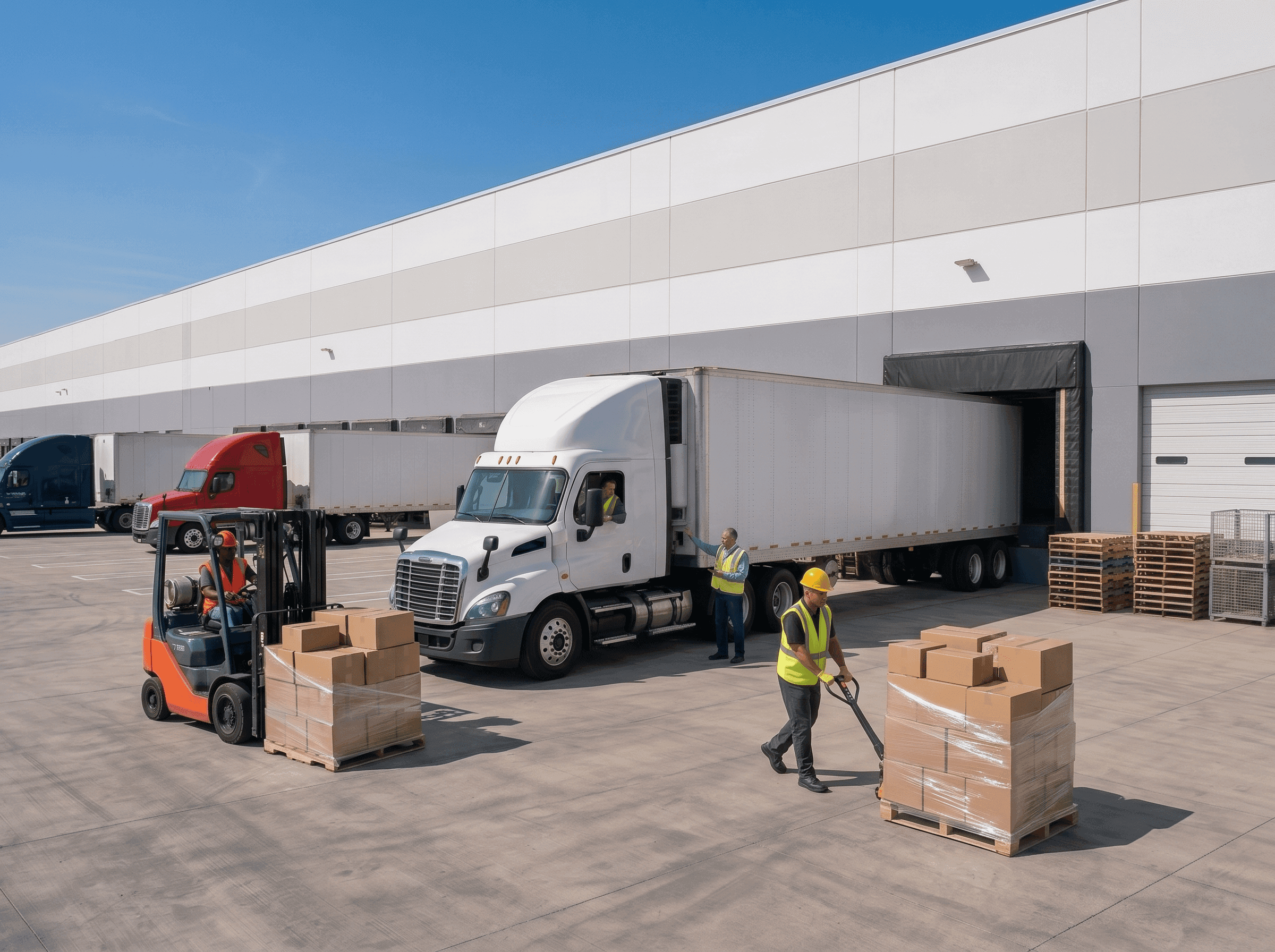 Warehouse workers unloading boxed pallets from a white semi truck at a loading dock while a forklift moves freight nearby.