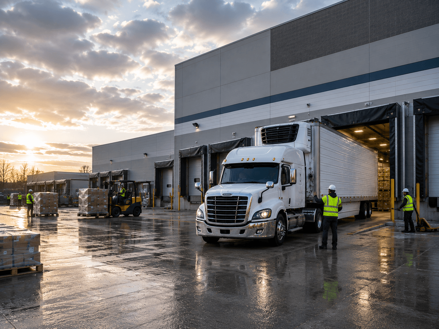 Refrigerated semi truck backing into a warehouse loading dock while workers and forklifts move pallets across the shipping yard at sunset.