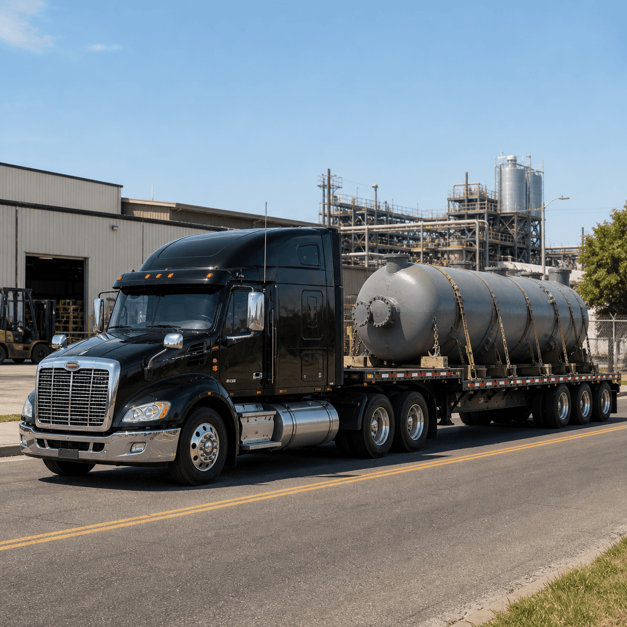 Black flatbed semi truck hauling a large industrial tank near a manufacturing and processing facility.