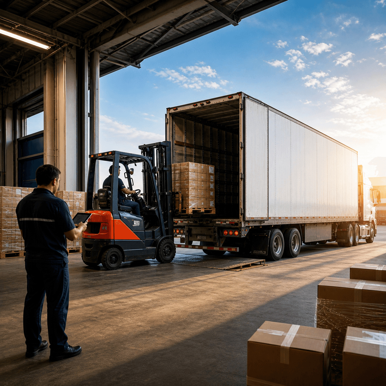 Warehouse worker using a forklift to load palletized boxes into a trailer while another employee checks shipment details at the loading dock.