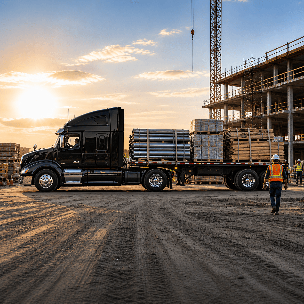 Black flatbed truck carrying construction materials at a commercial job site with workers and a partially built structure in the background.