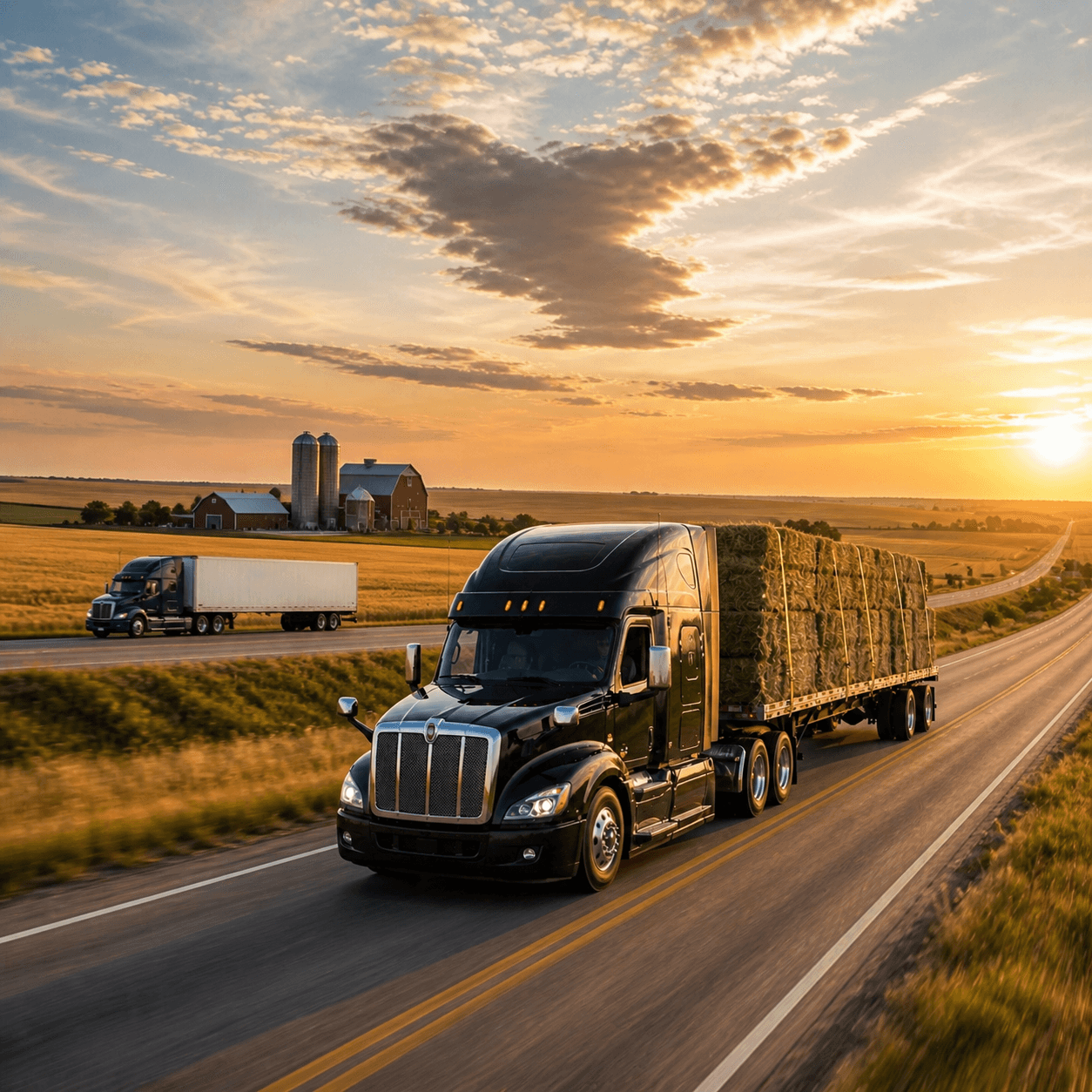 A semi-truck carrying agricultural freight on a rural highway, with farm buildings and open fields in the background.