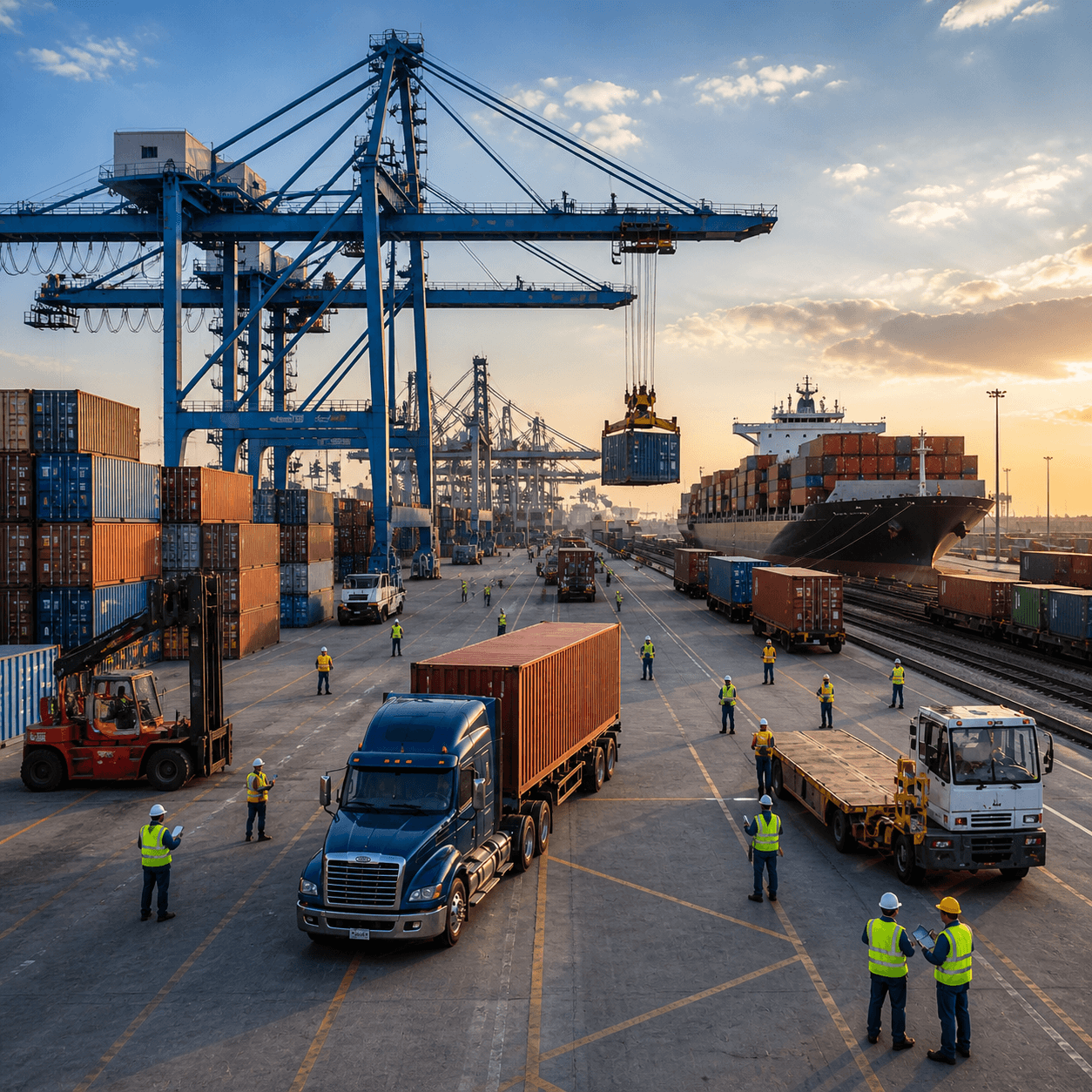 Semi truck hauling a shipping container through a busy cargo terminal while cranes load containers beside docked cargo ships.
