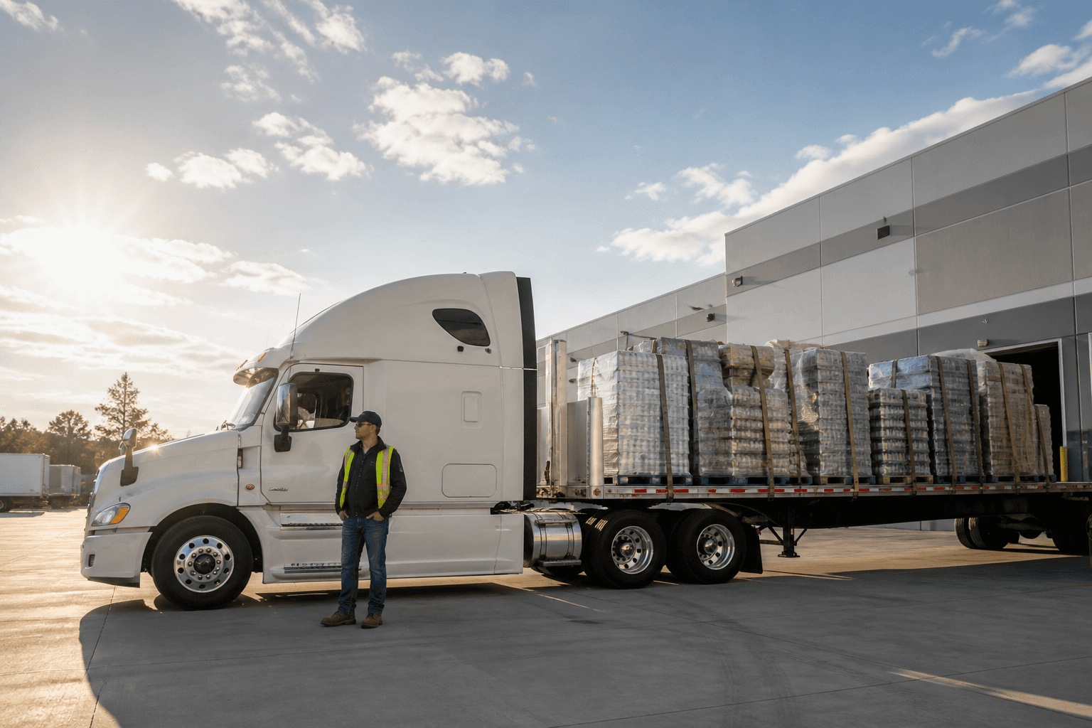 White semi truck loaded with palletized beverage products parked outside a warehouse with a worker standing nearby.