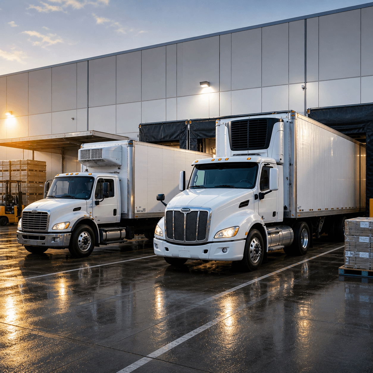 Two refrigerated trucks parked at warehouse loading docks after rain, with pallets and forklifts visible around the shipping area.