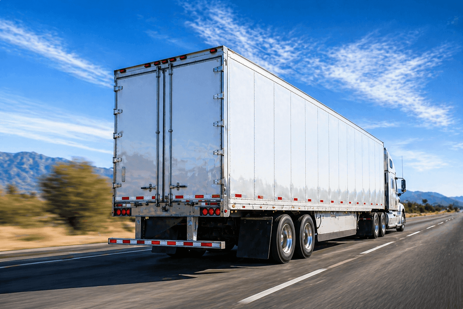 White semi truck with a dry van trailer traveling on a highway, representing full truckload freight service
