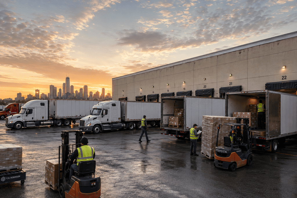 Warehouse workers loading and unloading freight trucks at multiple dock doors while forklifts move pallets across the shipping yard at sunset.