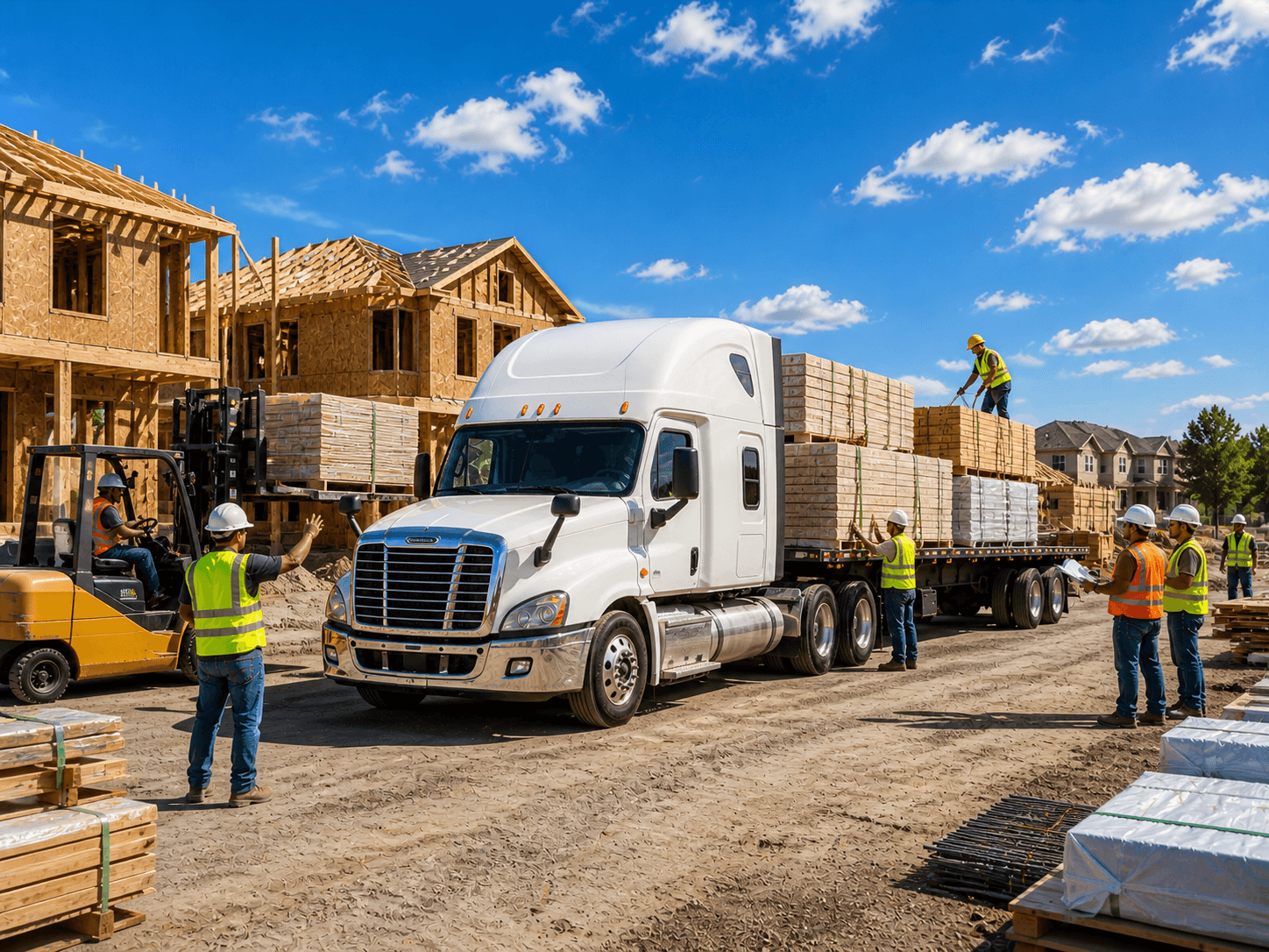 Flatbed truck delivering lumber to a residential construction site with workers unloading materials and forklifts operating nearby.