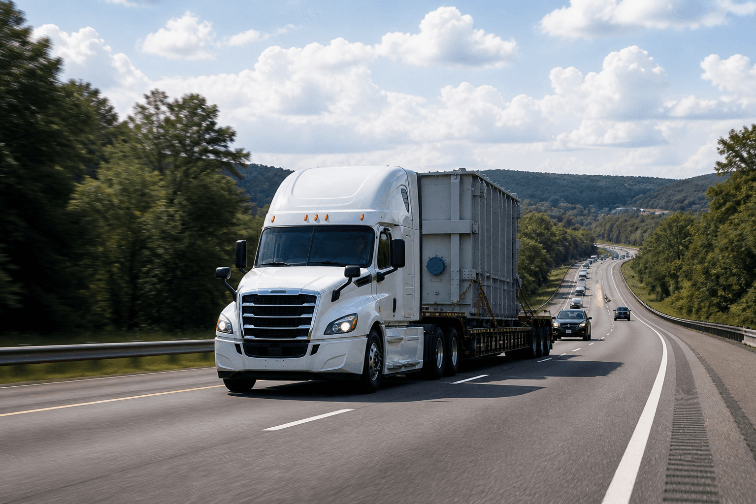 White semi truck transporting heavy industrial cargo on a flatbed trailer along a highway with forested hills in the background.