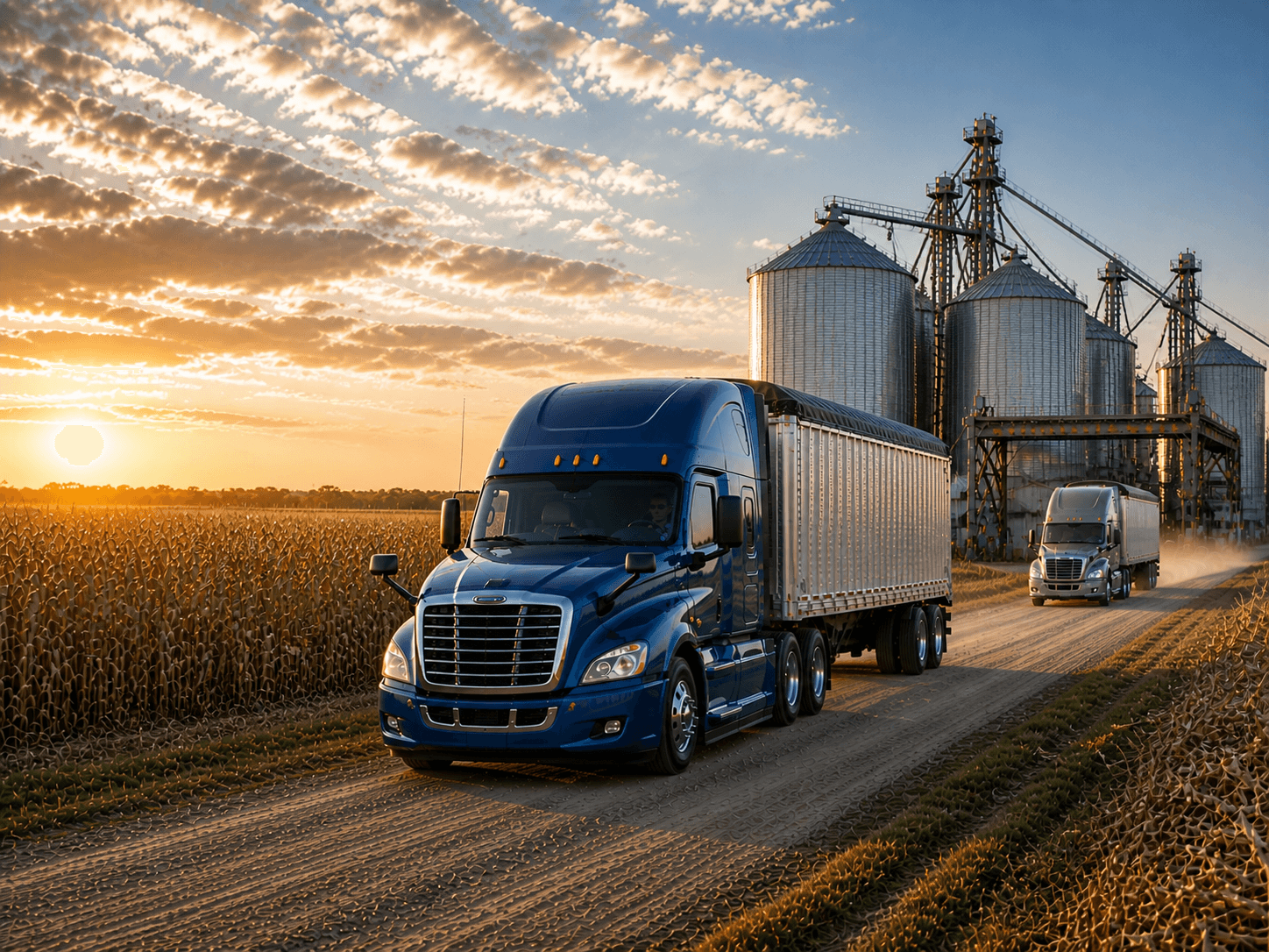 A semi-truck driving past grain silos at sunset, representing agriculture freight and bulk commodity shipping across US farming regions.