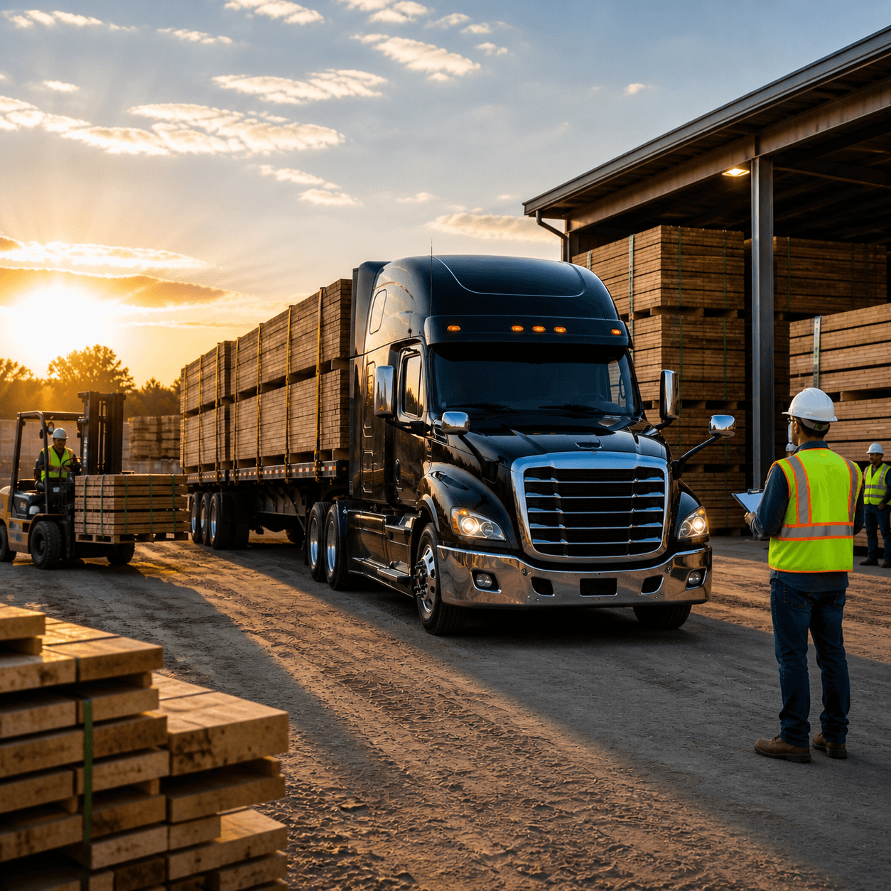 Black flatbed semi truck loaded with lumber at a timber yard while workers and a forklift handle materials during sunset.