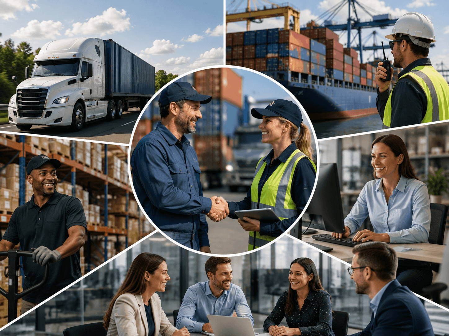 SIOX Logistics team members, freight trucks, and shipping containers at a truck yard and port.