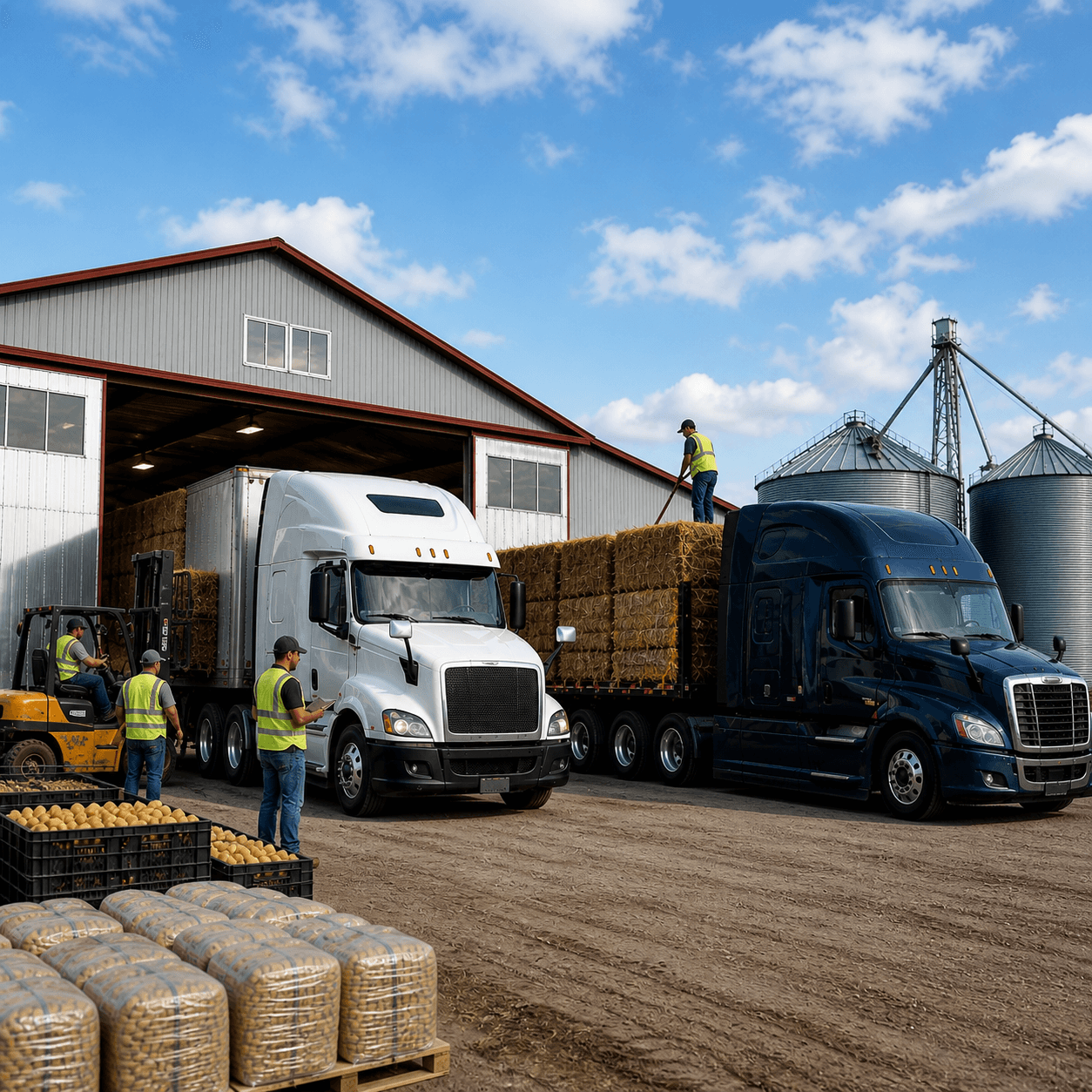Truck parked at a grain storage facility during sunset, ready to haul agricultural freight across farming regions in the USA