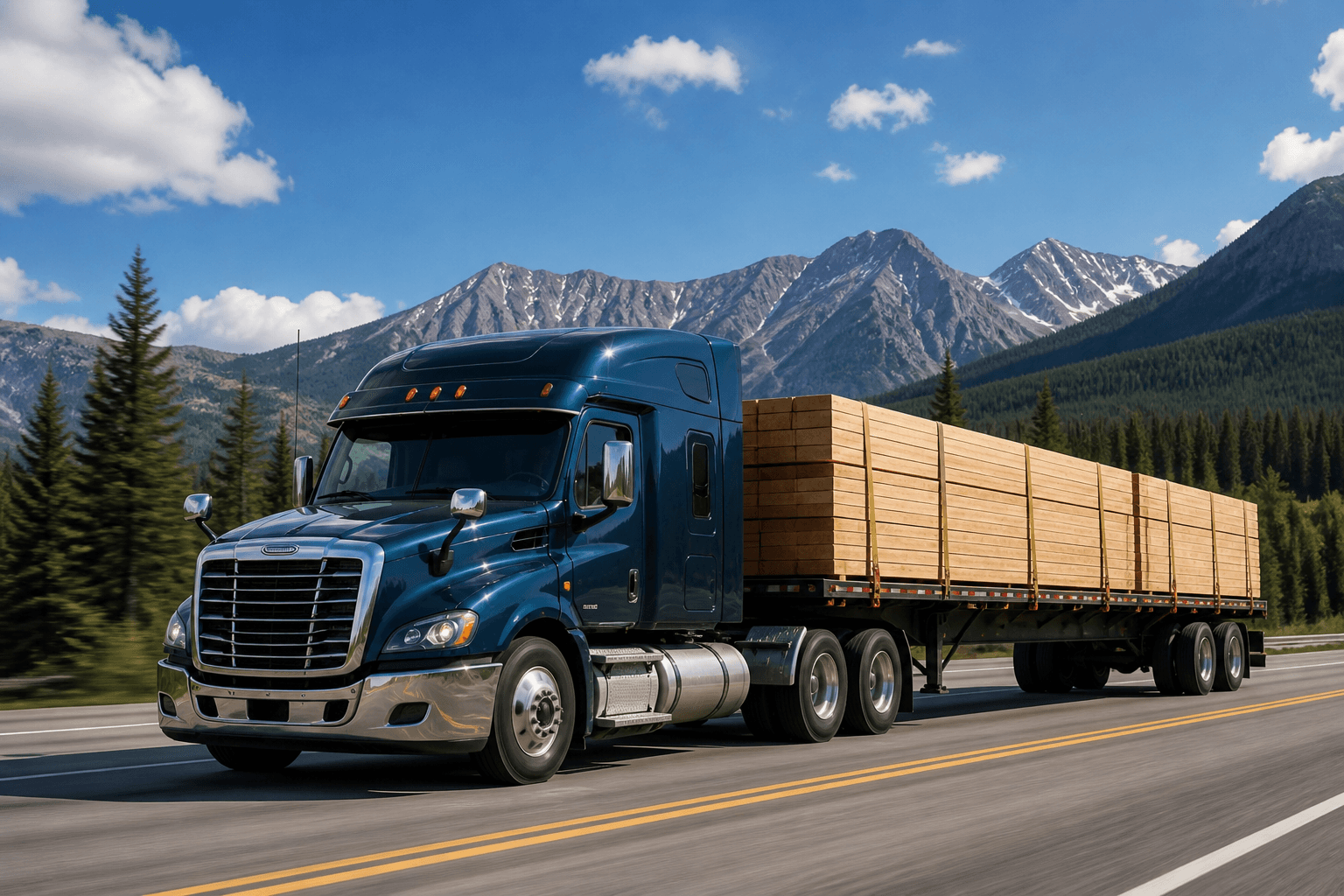 Blue flatbed semi truck hauling lumber on a highway with forest and mountain scenery in the background.
