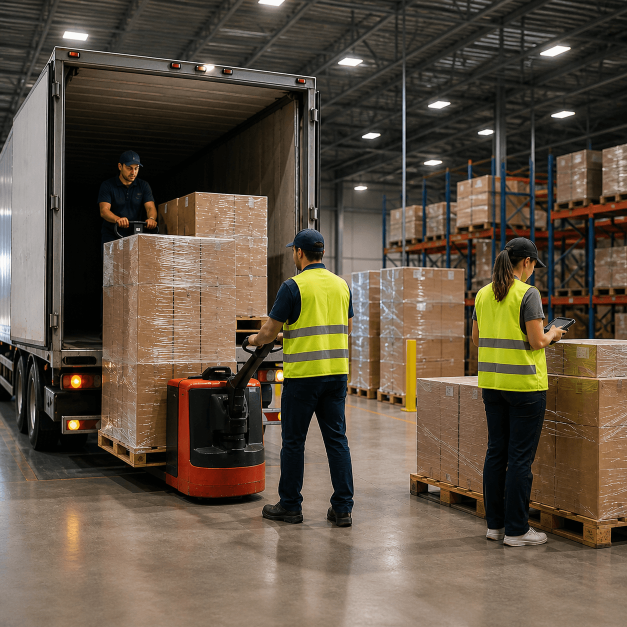 Warehouse workers unload wrapped pallets from a box truck while checking inventory inside a large distribution center.