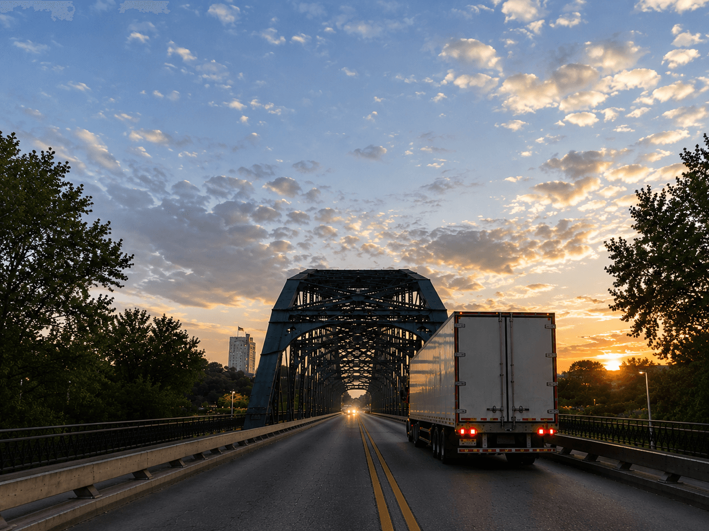 Two semi-trucks driving over a large arch bridge at sunset, with trees and a city skyline visible in the distance.