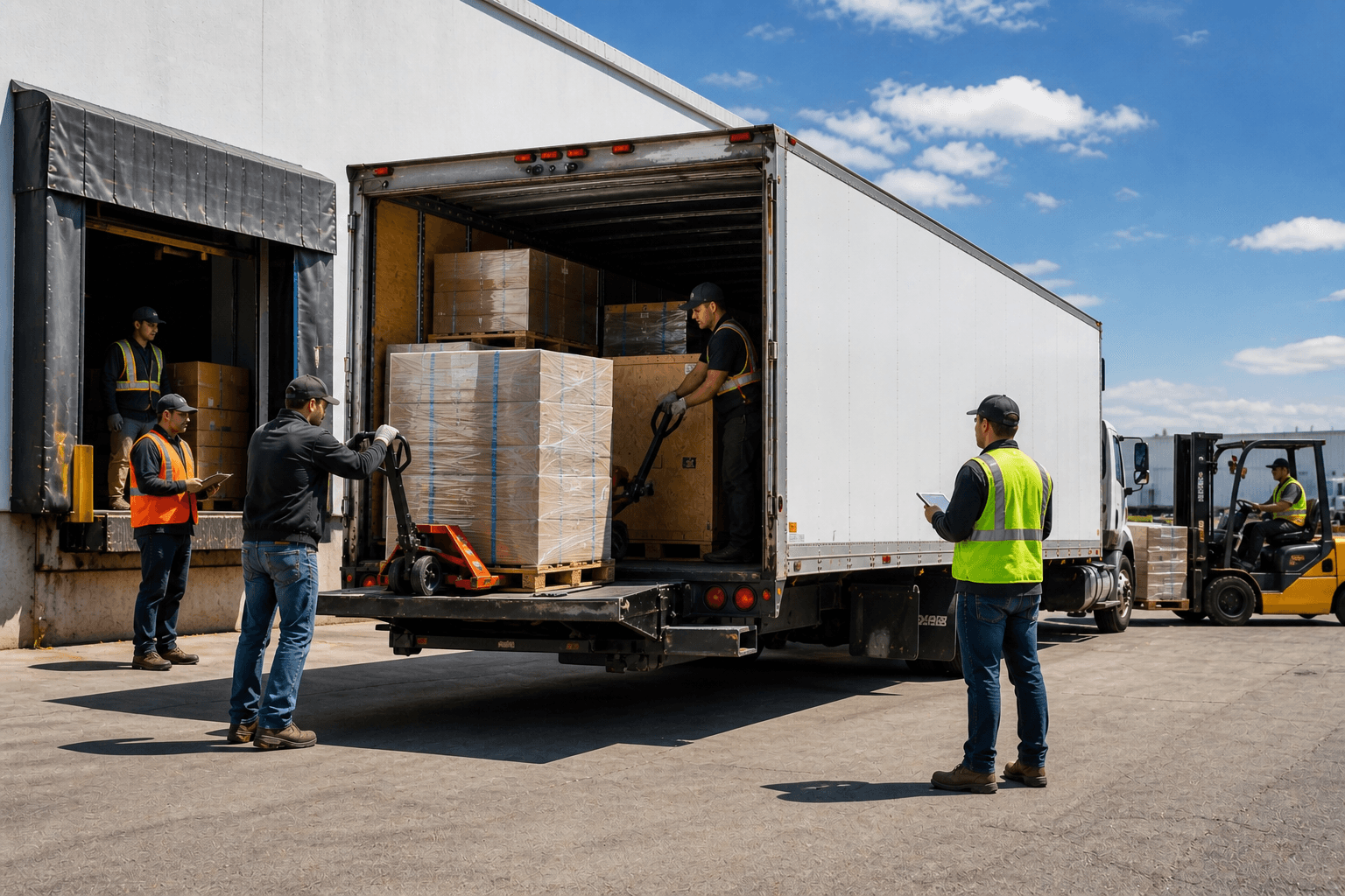Warehouse workers loading wrapped pallets into a box truck while a forklift moves freight near the loading dock on a clear day.