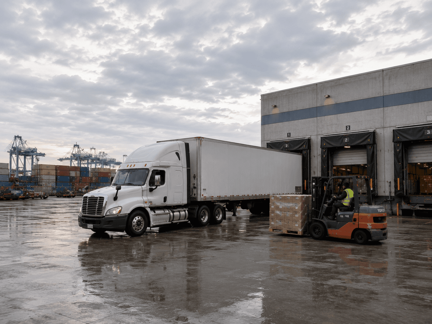 White semi truck parked at a warehouse loading dock while a forklift moves palletized freight on a rainy day near the shipping port.