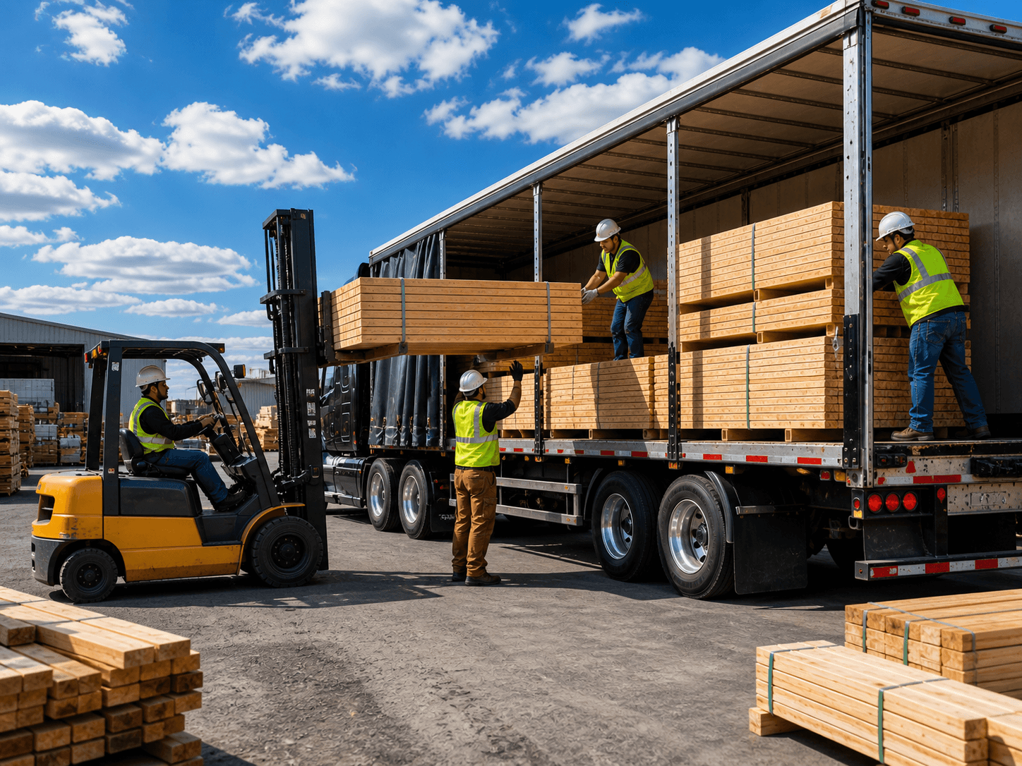 Workers unloading stacked lumber from a curtain side trailer while a forklift lifts materials at a site.