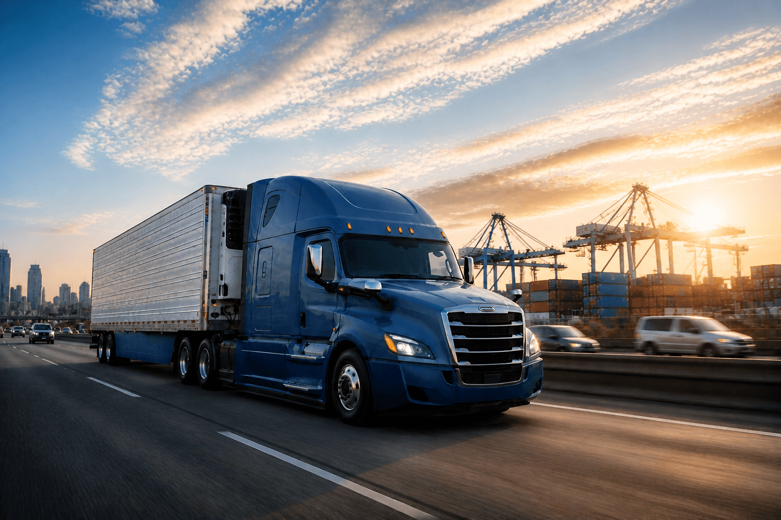 A blue semi-truck moving fast on a highway - ready for expedited freight delivery.