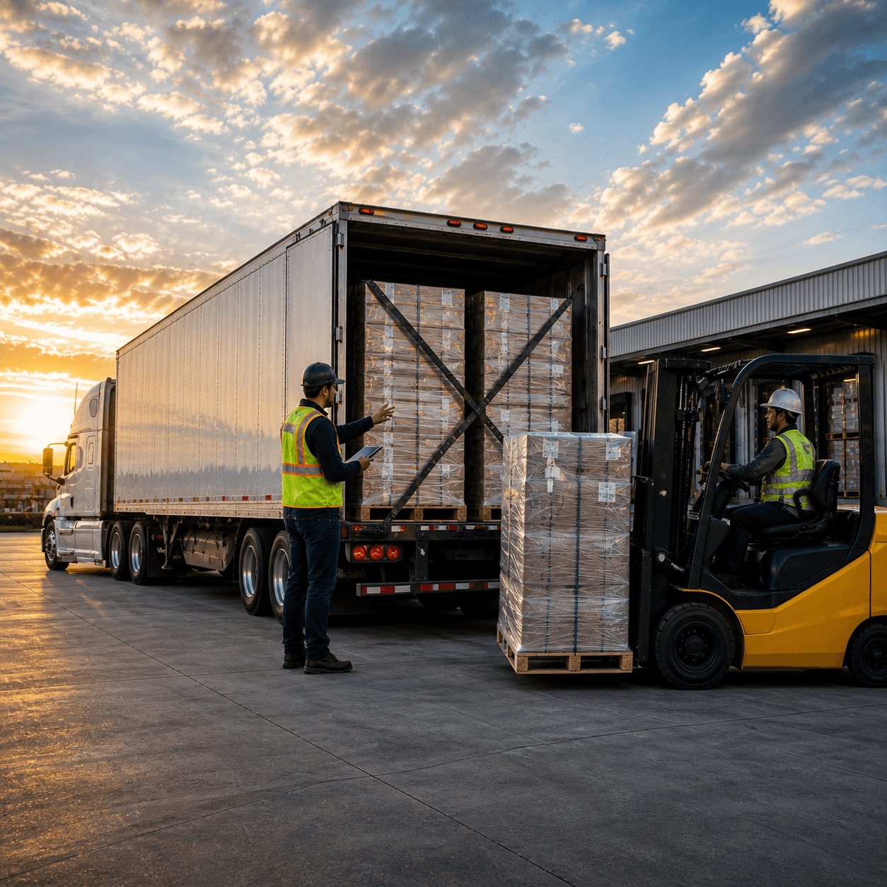 Forklift operator loading wrapped pallets into a semi trailer while a warehouse worker checks the shipment during sunset at a loading dock.
