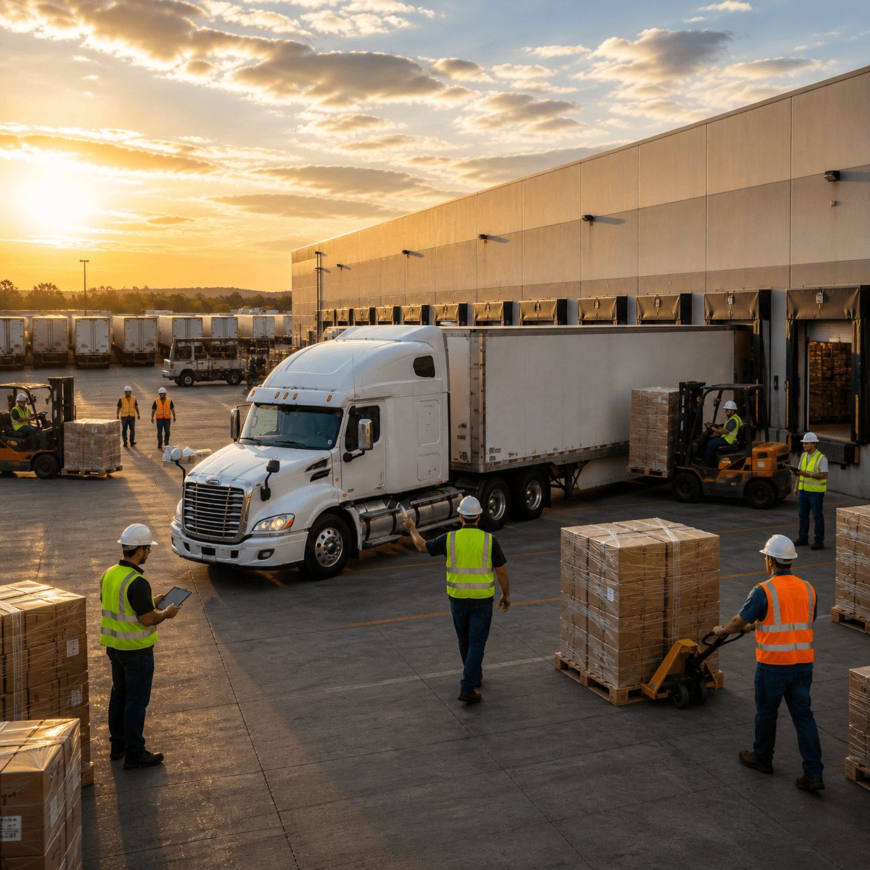 White semi truck backed into a warehouse loading dock while workers and forklifts move palletized boxes across the distribution yard at sunset.