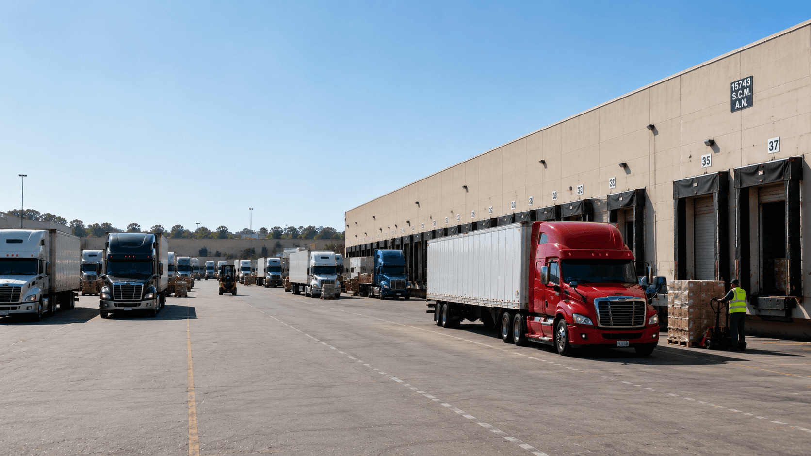 Semi trucks lined up at warehouse loading docks while workers move palletized freight across a busy shipping yard on a clear day.