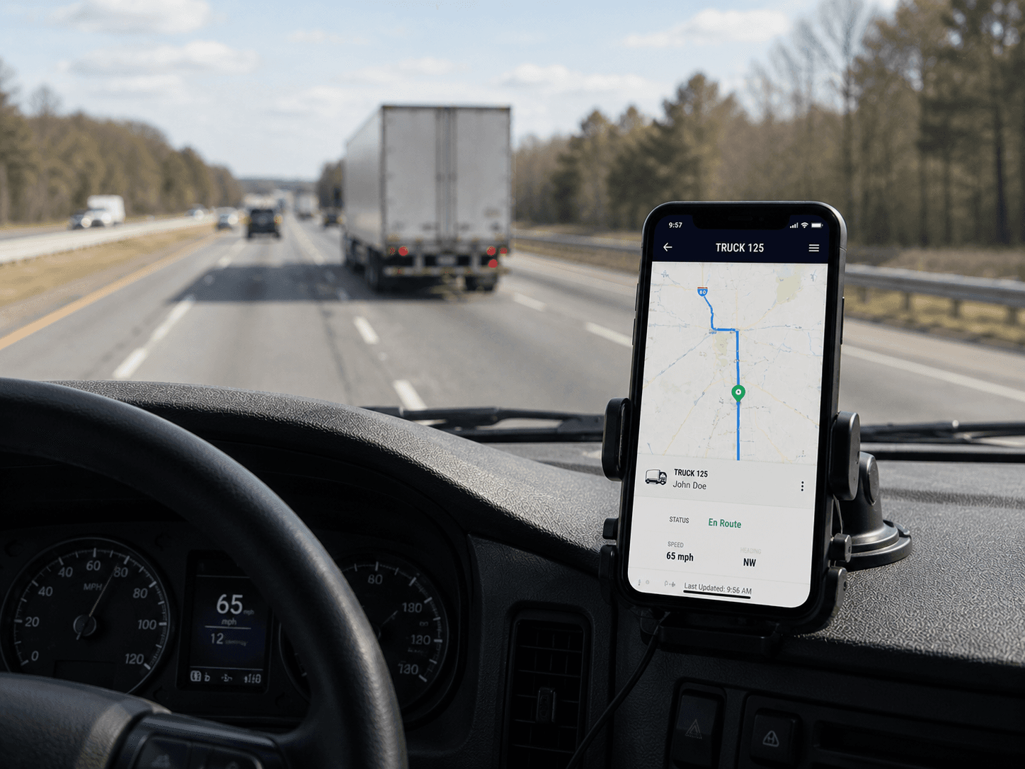 View from inside a truck cab on the highway, with a semi-truck ahead and a phone mounted on the dashboard showing a navigation route.