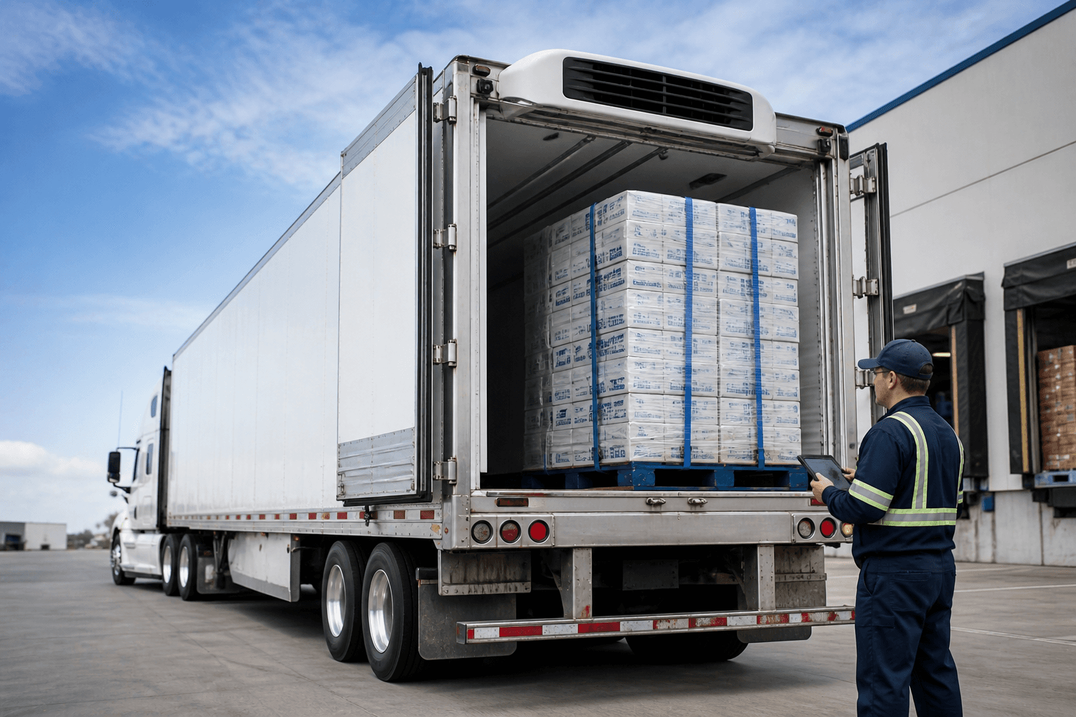 Warehouse worker checking inventory on a tablet beside a refrigerated trailer loaded with stacked pallets at a loading dock.
