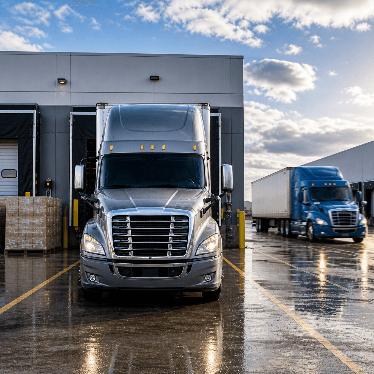 Silver semi truck parked at a warehouse loading dock after rain, with another blue truck driving through the distribution yard in the background.