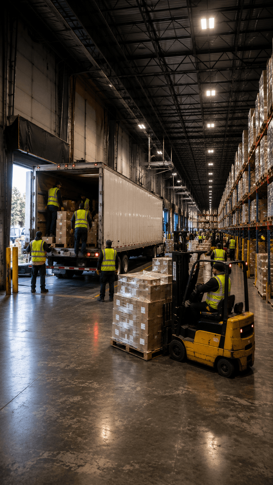 Workers and forklifts moving freight inside a large Atlanta warehouse facility, representing SIOX Logistics' 3PL and freight brokerage operations