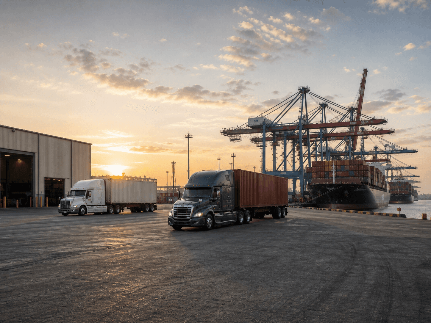 Semi trucks move shipping containers through a busy cargo port with container cranes and cargo ships at sunset.
