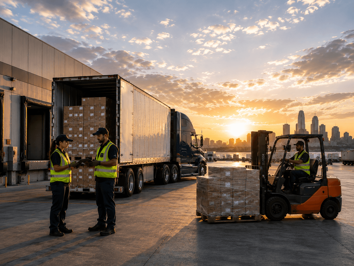 Two workers in safety vests reviewing paperwork outside a loading dock at sunset, with a semi-truck being loaded with boxes in the background.