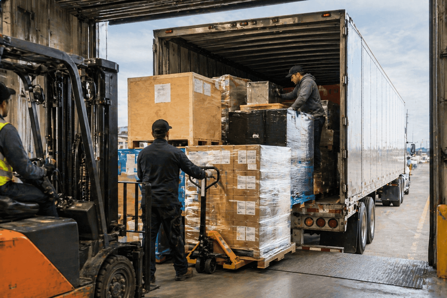 Palletized freight being loaded into a trailer at a warehouse dock, representing less-than-truckload shipping