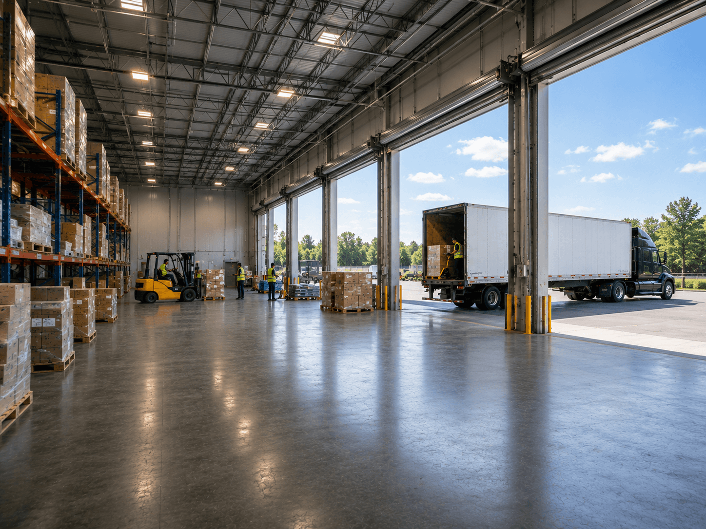 Large warehouse with pallet racks, forklifts, and workers loading boxes into a semi truck parked at the shipping dock.