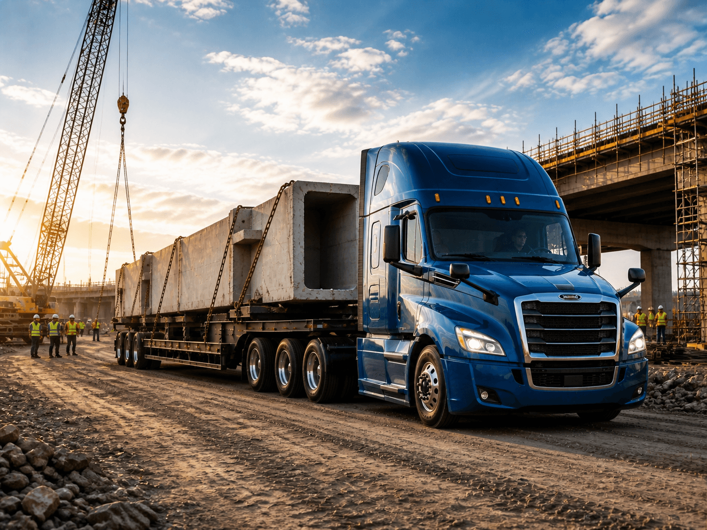 Blue flatbed truck hauling large concrete beams through an active bridge construction site with cranes and workers in the background.Select 80 more words to run Humanizer.