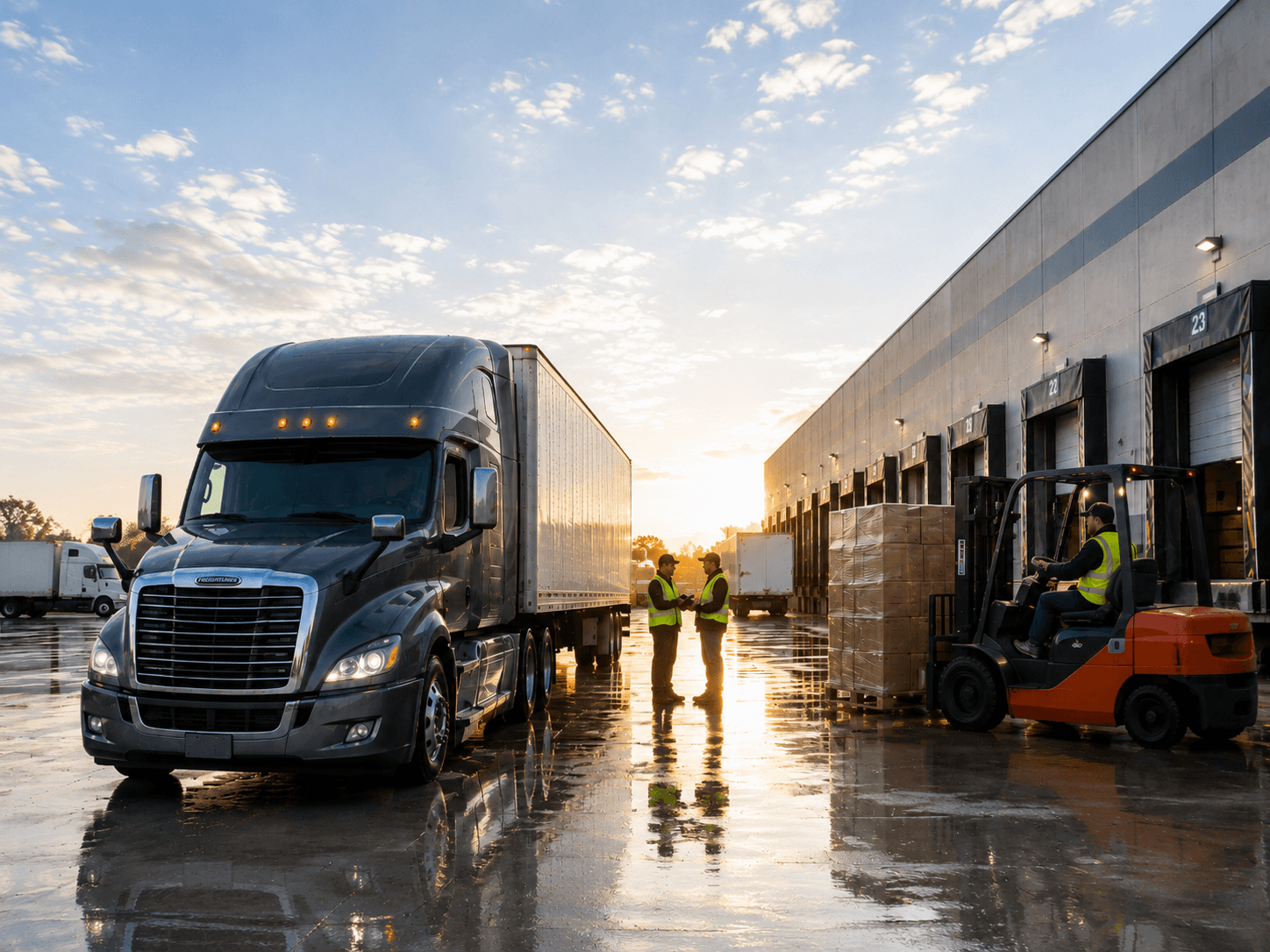 A semi-truck parked at a distribution warehouse at sunset, with two workers standing nearby and forklifts operating in the background.