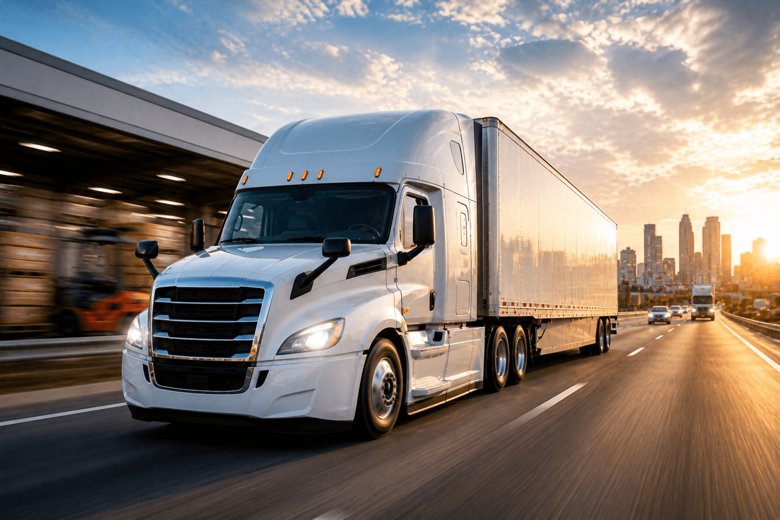 White semi truck driving on a highway at sunset with a city skyline in the background and warehouse loading area on the side.