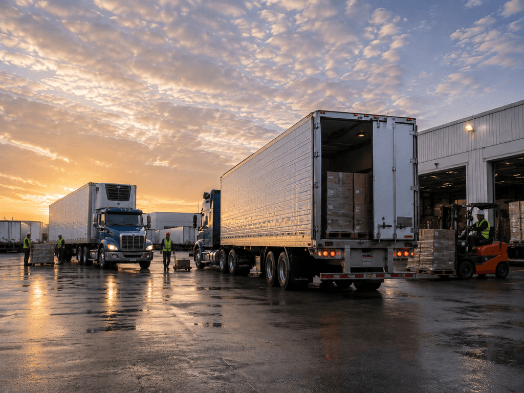 Refrigerated trucks parked at warehouse loading docks while workers and forklifts move palletized freight across a wet shipping yard at sunrise.