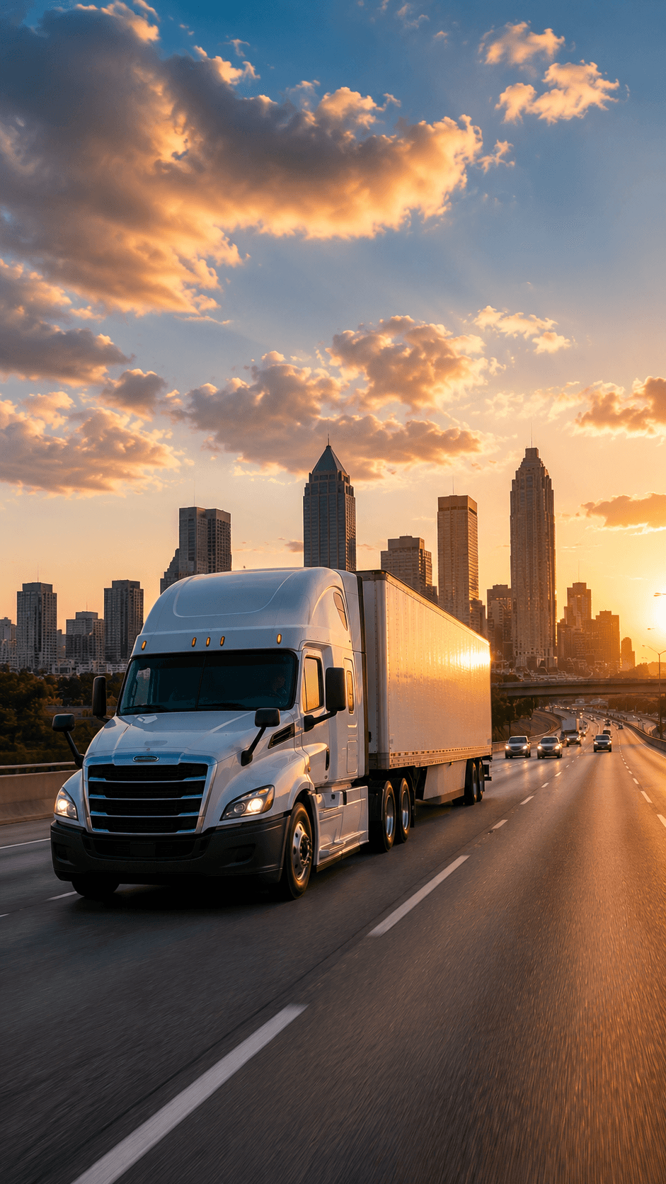 White semi-truck driving on a highway with the Atlanta city skyline visible at sunset in the background