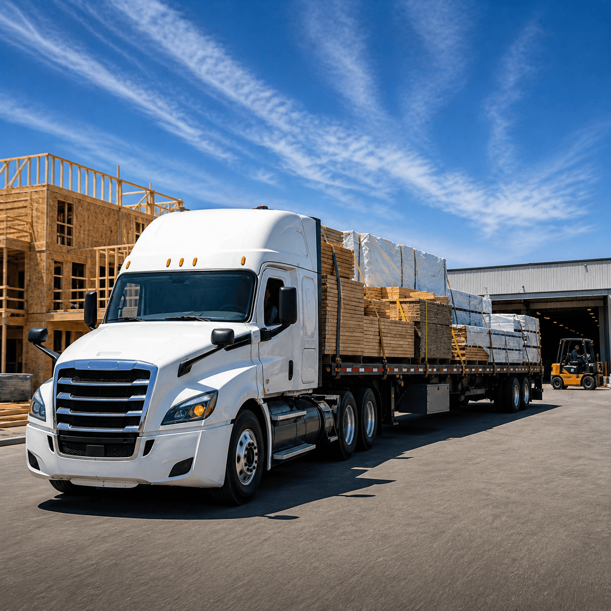 White flatbed truck hauling building materials near a site with a forklift operating in the background.