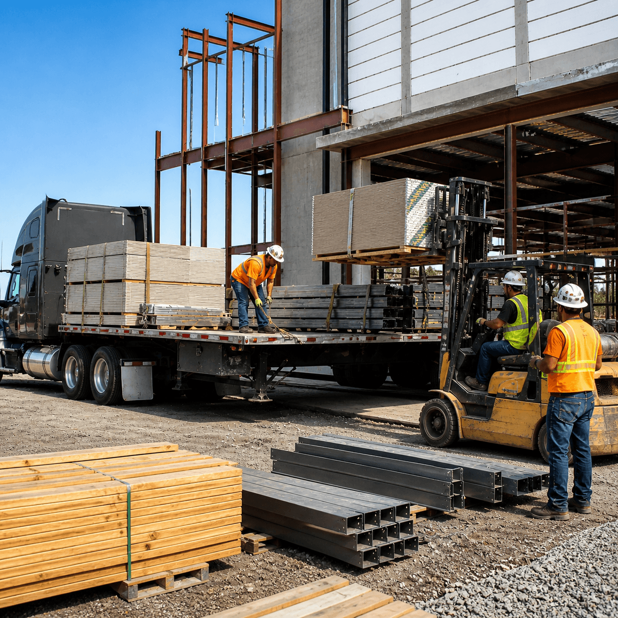 Workers unloading building materials from a flatbed truck at a commercial construction site while a forklift moves stacked supplies.